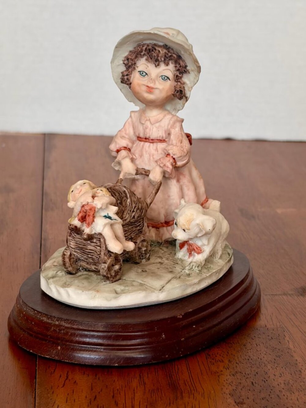 Duncan Royale Porcelain Figurine – Girl, Doll Carriage, Puppy Dog, Wooden Base